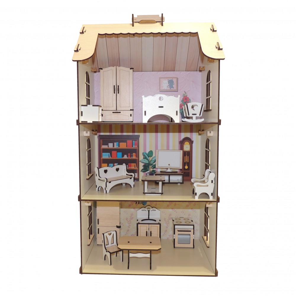 Кукольный домик из дерева с большим набором мебели 