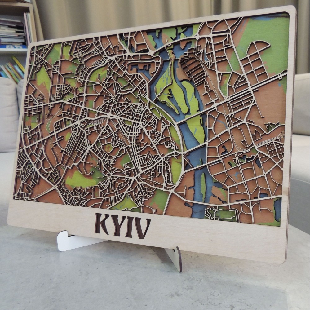 Настінна об'ємна 3D-мапа план міста та вулиць Києва з дерева з підставкою