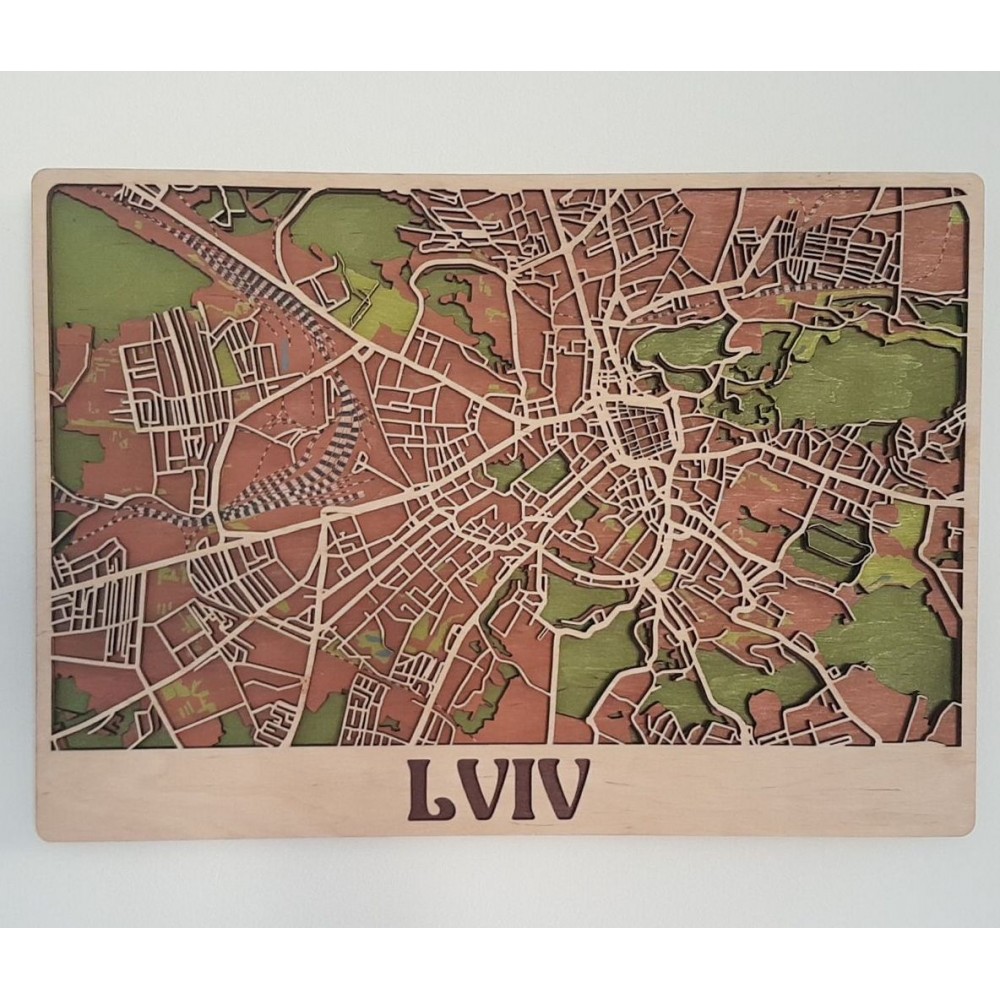 Дерев'яна схема декоративна мапа Львова на стіну з фанери інтер'єрна