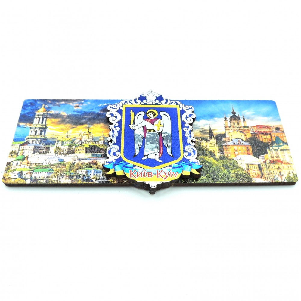 Магнит деревянный с серебром герб панорама Киева 