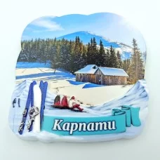 Магнит на холодильник зимние Карпаты лыжники и подъемник №2