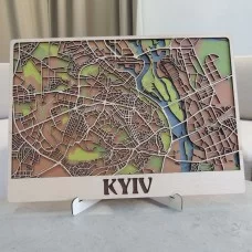 Настінна об'ємна 3D-мапа план міста та вулиць Києва з дерева з підставкою