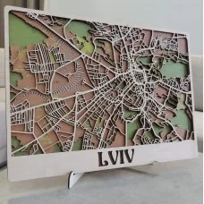 Настінна об'ємна 3D-мапа план міста та вулиць Львова з дерева з підставкою